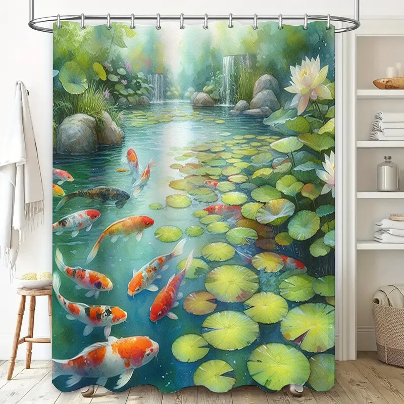 Aquarium Fish Koi - Vibrant Fishes ผ้าม่าน Lotus Pond ฉากผ้ากันน้ําสําหรับตกแต่งห้องน้ํา